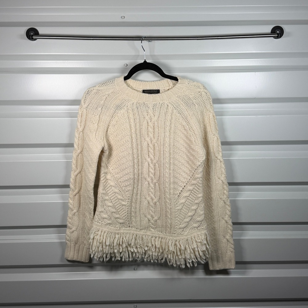 Banana Republic Italian Yarn Cable Knit Fringe‎ Sweater Cream Ivory Womens Small